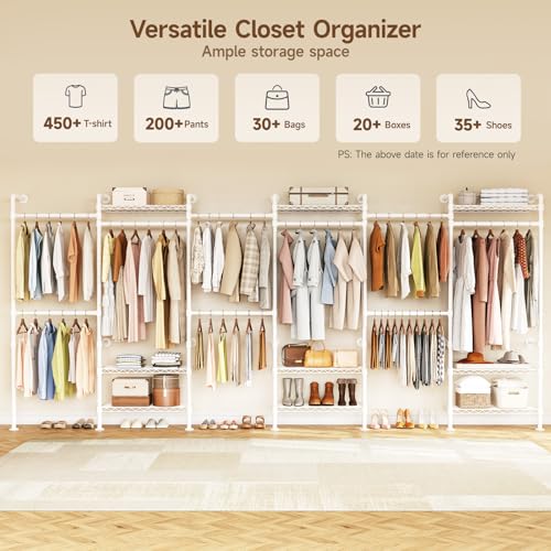 H6 Wall Mounted Closet System, Industrial Pipe Clothes Rack Clothing Racks with 6 Telescopic Rods & 3 Fixing Rods & 9 Shelves, Heavy Duty Closet Organizers and Storage in Wardrobe Closet (White) - color: White