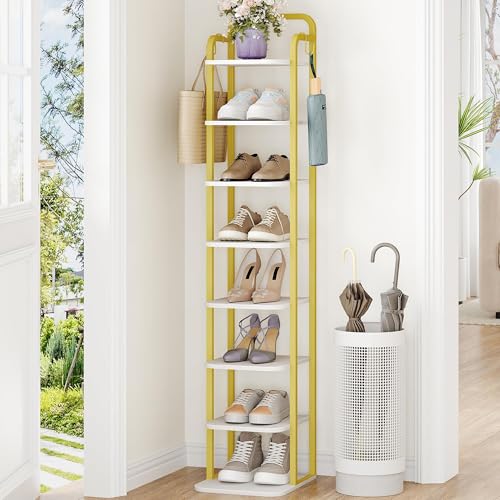 Hzuaneri 8 Tiers Vertical Shoe Rack, Narrow Shoe Tower, Tall Shoes Shelf with 2 Hooks, Adjustable Shelves, Corner Shoes Shelves for Small Spaces, Entryway, Living Room, White Gold SR04313A - color: White Gold, size: 8 Tier(11.8"D x 10.4"W x 53.2"H)