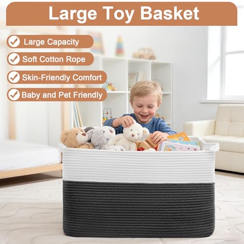 75L Large Blanket Basket, Rectangular Cotton Rope Basket, Laundry Hamper for Blankets, Pillows, Extra Large Toys Storage Bins for Kids, Dogs 22" x 17" x 12", White & Black - color: Black & White, size: 22" x 17" x 12"