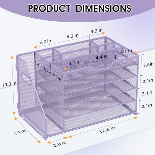5 Tier Paper Letter Tray with File Holder and 3 Drop-in Pen Holders, Mesh Desk File Organizer with Handle, Desk Organizers and Accessories for School,Home, Office Supplies Storage-Purple - color: 5 Tier with File Holder-Purple, size: 15.4" x 9.1" x 10.3"