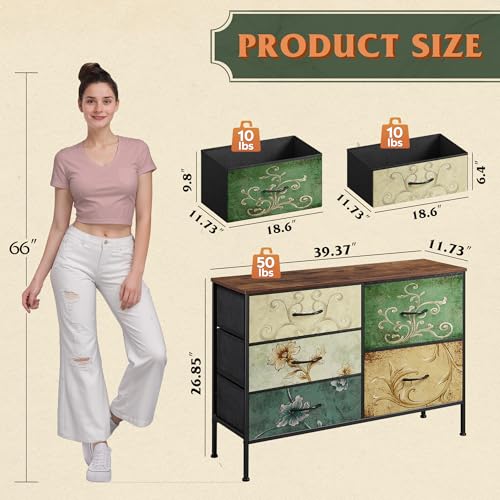 WLIVE Dresser for Bedroom with 5 Drawers, Wide Chest of Drawers for Bedroom, Fabric Dresser for Living Room, Closet, Hallway, Floral Painted - color: Floral Painted
