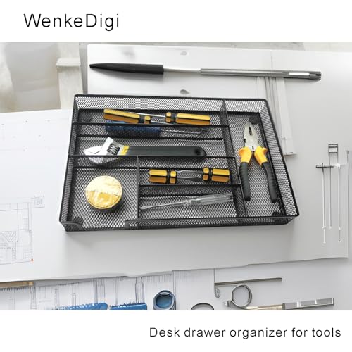 Metal Mesh Desk Drawer Organizer Tray, 6-Compartment Office Drawer Organizer for Pens Supplies, 12.6"x8.27"x1.57" Black - color: 1pc packed black