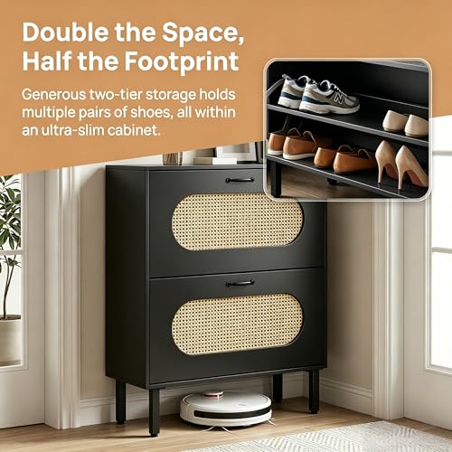 SUNCROWN Shoe Storage Cabinet with 2 Flip Drawers, Freestanding Narrow Shoe Rack Organizer for Entryway, Natural Semi-Circular Rattan Doors with Adjustable Shelves, Black - color: Black, size: Style A