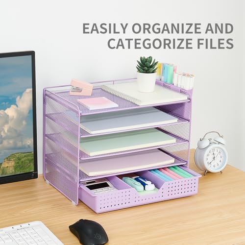 LEKETREE Desk Organizers and Accessories, 5-Tier Paper Letter Tray Organizer with Drawer & 2 Pen Holders, Desktop Organizer for Office Supplies (Purple) - color: Purple, size: 12" x 8" x 10"