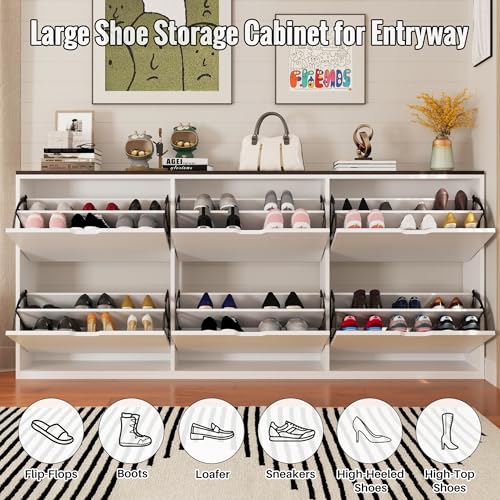 Mekminop 70.9" W Large Shoe Storage Cabinet with 6 Flip Drawers, White Shoe Organizer Cabinet for Up to 36 Pairs, Narrow Shoe Cabinet for Entryway, Hallway, Living Room