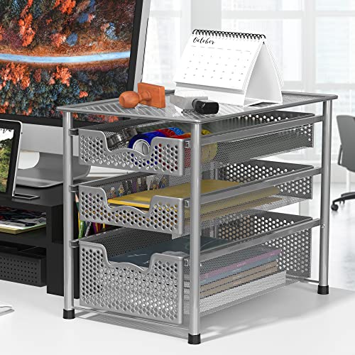 Simple Houseware Stackable 3 Tier Sliding Basket Organizer Drawer, Silver - color: Silver, size: 3-Tier