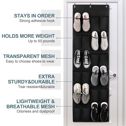 24 Large Pockets Upgraded Over the Door Shoe Organizer, Enhanced Hanging Solution Holder Closets, Shoe Cabinets for Everyone