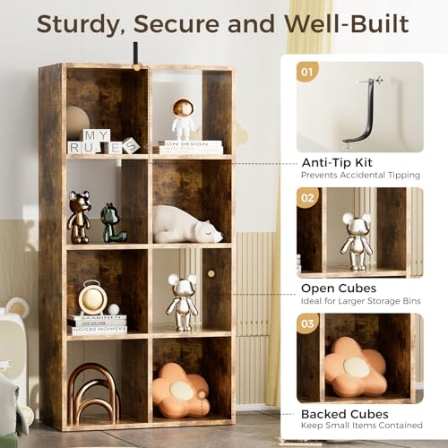 COMHOMA 8 Wood Cube Storage Organizer with Open Back and Removable Back Panels, 11In Brown Cube Storage Bookshelf, Cubicle Shelf Bookcase for Home Office Bedroom Living Room, Vertical or Horizontal - color: 8 Cube-brown