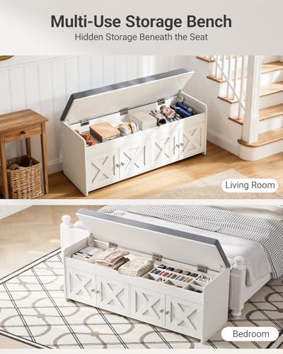 Pipishell 2-Tier Shoe Storage Bench with Cushioned Seat, Entryway Bench with Adjustable Shelf & Barn Doors, 300 lbs Capacity, 47.2" W x 15" D x 18" H, for Entryway, Bedroom, Living Room, White - color: White, size: 4 doors- 47.2" W x 15" D x 18" H