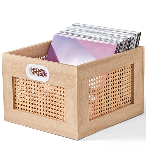 LELELINKY Vinyl Record Storage Crate, Rattan Vinyl Record Holder with Handle, Natural Wood Record Crate for Vinyls Holder up to 75 LP's, Desktop Cube Album Storage for Vinyls Records - color: Natural, size: 1 Pack
