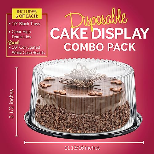 10 - 11" Plastic Disposable Cake Containers Carriers with Dome Lids and Cake Boards | 5 Round Cake Carriers for Transport | Clear Bundt Cake Boxes / Cover | 2-3 Layer Cake Holder Display Containers
