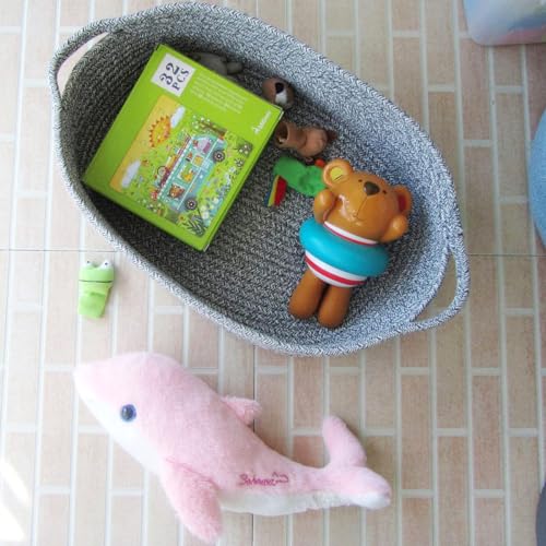 Woven Cotton Rope Storage Basket, Cube Changing Table Organizer for Closet Towels, Baby Nursery Bin, Small Dog Cat Toy Box, Gift Baskets empty (14.5"x 11"x 5") by CIKI HOME - color: grey