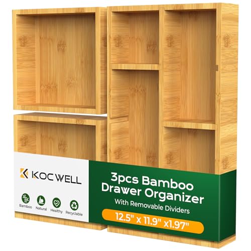 KOCWELL Bamboo Desk Drawer Organizer with Removable Dividers,Multi-Use Office Drawer Organizer Tray,Junk Drawer Organizers for Office,School,Kitchen,Makeup Supply（Original） - color: Original