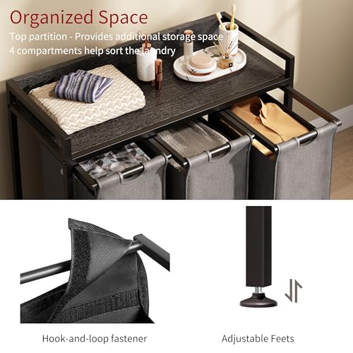 Herture Laundry Hamper with Shelf, Laundry Basket 3 Section, Laundry Sorter with Pull-Out Removable Large Bags and Movable Wheels, Metal Frame, 3 x 15.87 Gallons (60L), Black and Gray PF04XLC - color: Black + Gray, size: 3 Bags-180 L