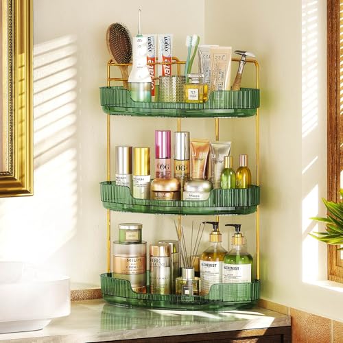 EUHOME 3-Tier Corner Bathroom Counter Organizer Makeup Cosmetic Storage, Tool-Free Installation Acrylic Vanity Shelf, Skin Care Organizer Perfume Tray for Countertop Bathroom, Dresser, Kitchen (Green) - color: Green, size: 9" x 9" x 20.5"