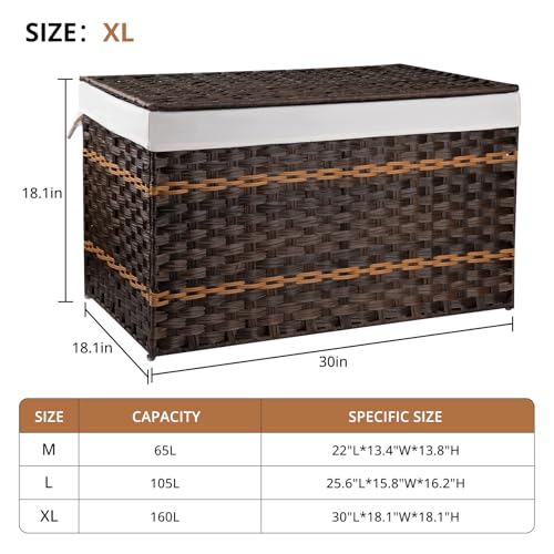 OIAHOMY Storage Basket with Lid, 42.3 Gallon (160L) Blanket Basket with Removable Liner Bag, Synthetic Wicker Hamper with Handle, Hamper for Living Room, Brown - color: Brown, size: 160L