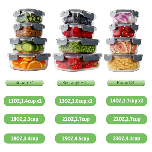 HOMBERKING 24pc Borosilicate Glass Food Storage Containers with Snap Locking Lids, Glass Meal Prep Containers, Airtight Lunch Boxes, Oven, Freezer and Dishwasher Safe, BPA Free, Kitchen Storage Set - color: Grey