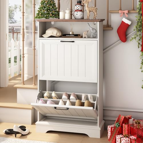 Shoe Storage Cabinet with 2 Flip Drawers, 24" W Farmhouse Modern Hidden Shoes Rack Cabinet with Adjustable Shelves & Open Storage, Narrow Slim Shoe Organizer for Entryway, Hallway, Antique White - color: Antique White, size: 2-Drawers