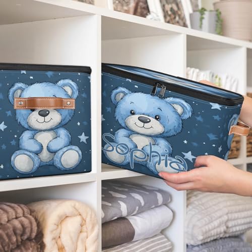 Custom Storage Basket with Name, Personalized Storage Bins with Zipper Lid, Foldable Fabric Storage Box Large capacity with Handle Blue Star Bear - color: Option 5