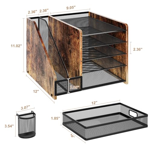 Marbrasse Desk Organizer with File Holder, 5-Tier Paper Letter Tray Organizer with Drawer and 2 Pen Holder, Mesh Desktop Organizer and Storage with Magazine Holder for Office Supplies (Wood-Brown) - color: Wood-Brown