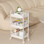 3 Tier Metal Rolling Cart, Heavy Duty Utility Storage Organizer with Lockable Wheels, Mobile Utility Cart for Livingroom, Bathroom, Kitchen, & Narrow Places, White
