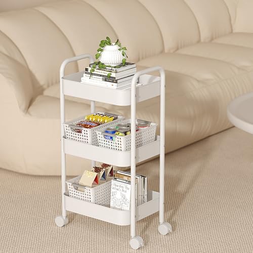 3 Tier Metal Rolling Cart, Heavy Duty Utility Storage Organizer with Lockable Wheels, Mobile Utility Cart for Livingroom, Bathroom, Kitchen, & Narrow Places, White