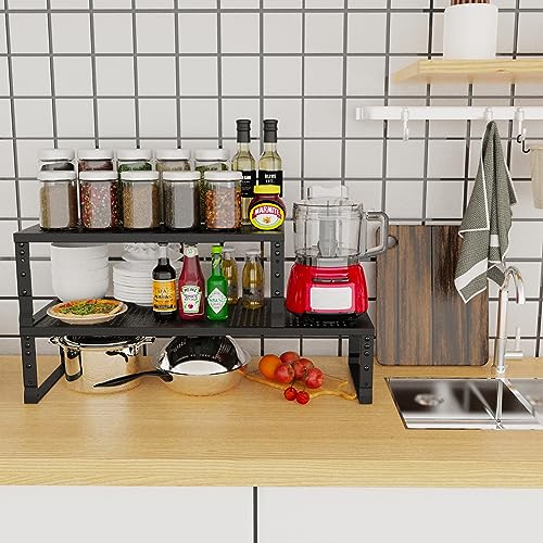 Jojocross Expandable Adjustable Stackable Kitchen Organizer, Spice Rack,Metal Pantry Storage Shelves Racks,Counter Shelf for Cabinets, Countertop, Cupboard(2 Packs/Medium/Black) - color: 2 Packs/Black, size: 7.87"D x 16.6"~26.5"W x 6.1"/7.5"H