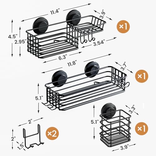 LEVERLOC Shower Caddy Suction Cup, 3 Pack Heavy Duty Bathroom Organizer for Inside Shower with Hooks & Soap Holder, Removable Bathroom Holder, Rustproof Black Storage - color: Black, size: 3 × Medium