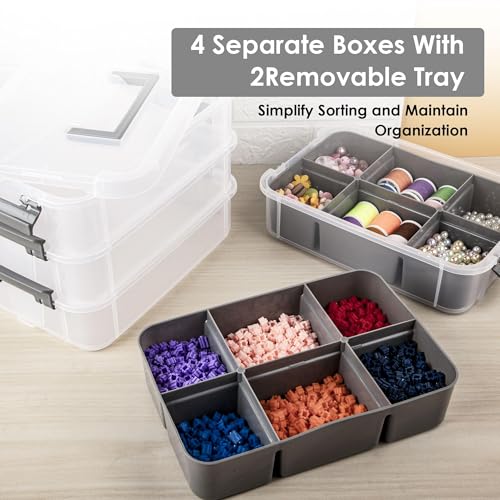CraftGenes Grey&White Modern Plastic Storage Box - 4-Layer Durable Craft Storage Containers with 2 Removable Trays for Arts & Crafts Supplies, Sewing, Office, Seasonal Decor - color: Grey
