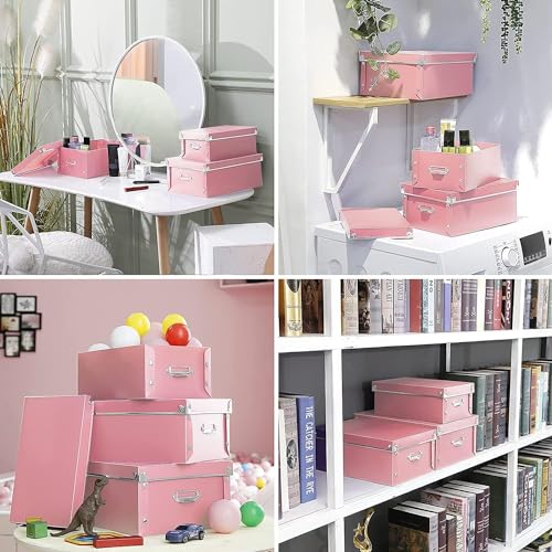 XUCHUN Storage Box with Lid 3 Pack, Collapsible Plastic Storage Bins with Lids, Stackable Foldable Keepsake Box for Photos Office Bedroom, 3 Sizes - Pink - color: Pink