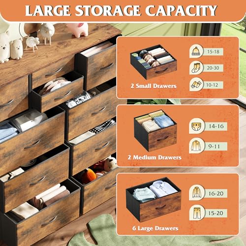 WLIVE Fabric Dresser for Bedroom with 10 Drawers, Chest of Drawers with Side Pockets and Hooks, Sturdy Metal Frame, Drawers Organizer Unit for Living Room, Hallway, Rustic Brown Wood Grain Print - color: Rustic Brown Wood Grain Print
