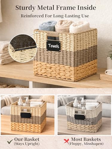 Storage Basket, 10.5x10.5x10.5 Inch Storage Cubes, Water Hyacinth Wicker Basket for Storage, Handmade Woven Baskets for Organizing, Set of 4 Wicker Storage Baskets for Shelves