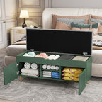 3More 40" Entryway Shoe Storage Bench,Upholstered Hidden Space Beneath Seat Cushion Bench,2-Tier Unique Geometric Shape with Wood Grain,Green - color: Green