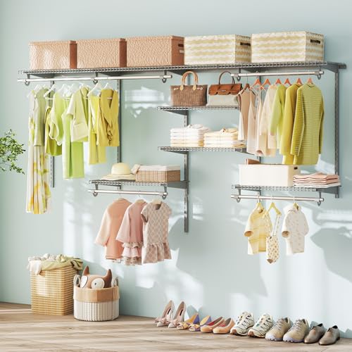 Tangkula 4 to 8 FT Custom Closet System, Wall Mounted Closet with Hanging Rod, Metal Hanging Storage Organizer Rack Wardrobe with Shelves, Adjustable Closet System Kit for Bedroom (Gray) - color: Gray, size: 4 to 8 FT