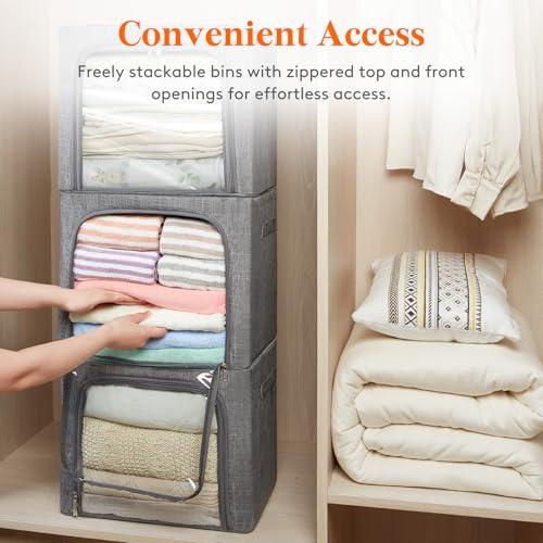 Lifewit Clothes Storage Bins with Metal Frame, Stackable Storage Box, Foldable Clothing Storage Bins with Lids, 40L Storage Bags Fabric Box Organizer with Clear Window＆ Zippers＆ Sturdy Handles 6 Pack - size: 40L
