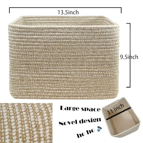 COMFY-HOMI Square Woven Cotton Rope Basket for Organizing, Gift Baskets for Handles, Empty Gift Baskets, Toy Basket for bins|13.5" x 11" x 9.5" home decor for Living Room, Bathroom - color: Camel/White, size: 13.5"X11"X9.5"