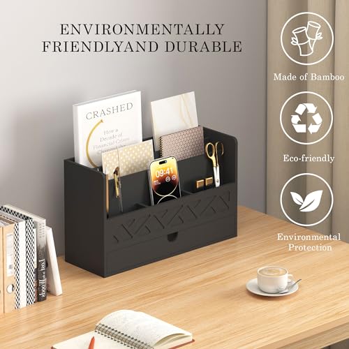 Bamboo Mail Organizer Countertop Desktop with Drawer - Desk Organizer with File Organizer for Office Supplies All-in-One Desk File Organization with Pencil Holder for Paper Letter Envelope Bill - color: 1 Black