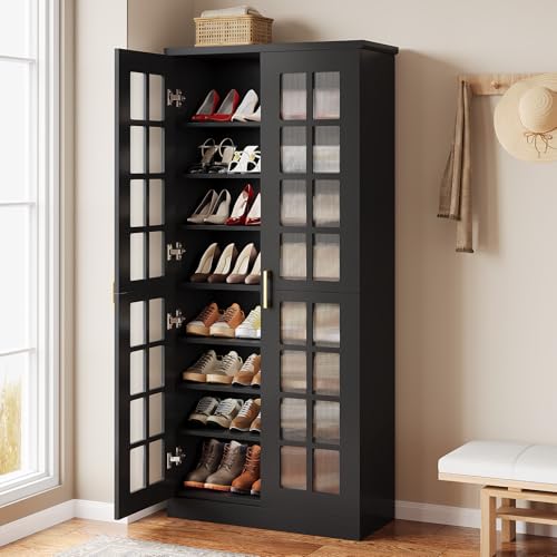 Tribesigns Tall Shoe Cabinet with Doors, 8-Tier Shoe Storage with Adjustable Shelves, Modern Shoe Organizer Shoe Rack Cabinet for Entryway, Hallway, Closet, Living Room, Black - color: Black