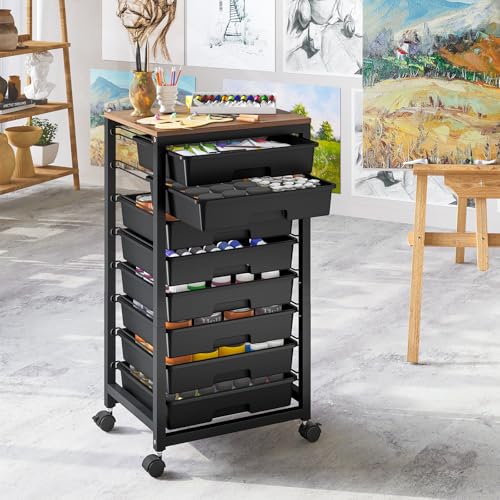 SYKIARIOL Rolling Storage Cart with Drawers,Utility Cart With 8 Drawers and Wooden Tabletop,Rolling Drawer Cart,Storage Drawer Cart for Living Room,Classroom,Bedroom,Bathroom,Dorm,Office, Black - color: Black