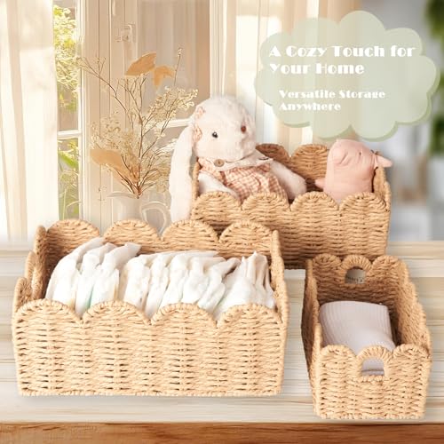 Scalloped Wicker Baskets, Set of 3 Hand-Woven Storage Baskets with Handles - Paper Rope Shelf Organizers & Decorative Baskets for Shelves, Closet, Bathroom (Tan） - color: Tan