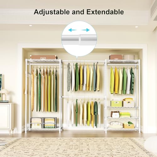 Ulif E1 Heavy Duty Closet Garment Rack, 6 Tiers Adjustable Metal Freestanding Expandable Clothing Storage with 4 Hanger Rods, Easy to Assemble Wardrobe, 71.4" H x (70" - 88.2") L x 14" D, White - color: White
