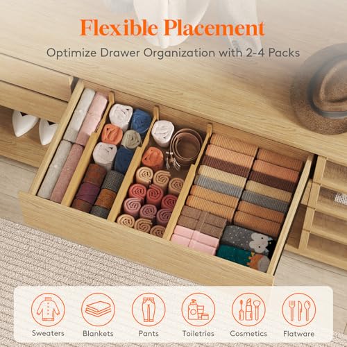 Lifewit 6" High 8 Pack Bamboo Drawer Dividers 33-42cm/13-16.5" Adjustable Wooden Drawer Organizer for Clothes/Utensils, Expandable Drawer Separator for Dresser/Kitchen/Bedroom/Office Organization - size: 6"H, 13-16.5"L