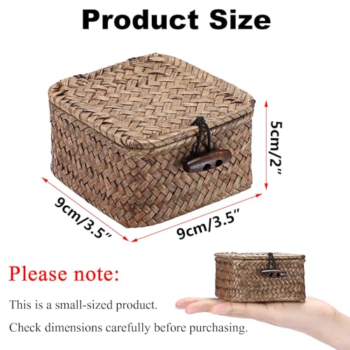 Hipiwe Mini Seagrass Basket Wicker Shelf Baskets with Lid Small Decorative Box Natural Storage Basket for Organizing Key Candy, Home Decor, 3.5"L x 3.5"W x 2"H - color: Coffee color, size: 3.5" x 3.5" x 2"