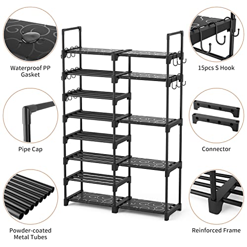 ROJASOP Shoe Rack Organizer, 8-Tier Metal Shoe Rack for Closet Entryway Garage, 26-32 Pairs Tall Shoe Boot Storage Shelf with 15 Hooks, Stackable Large Shoe Stand - color: Black