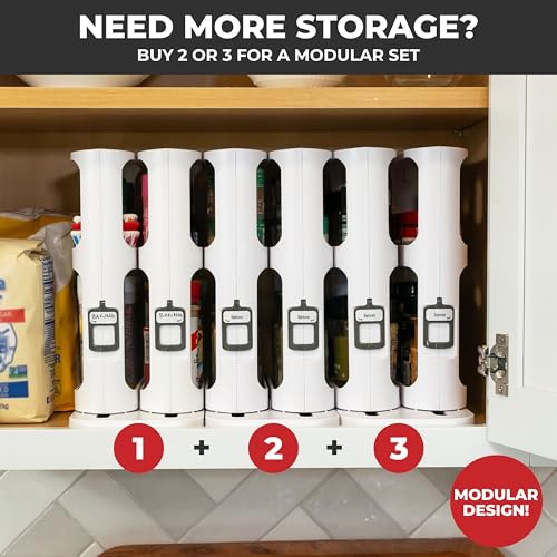 Cabinet Caddy Spice Rack Organizer for Cabinet - Slide & Rotate Kitchen Organizers and Storage - 2 Double-Decker Shelves - Non-Skid Base - Magnetic Modular Design - 10.8" H x 5.25" W x 10.8" D