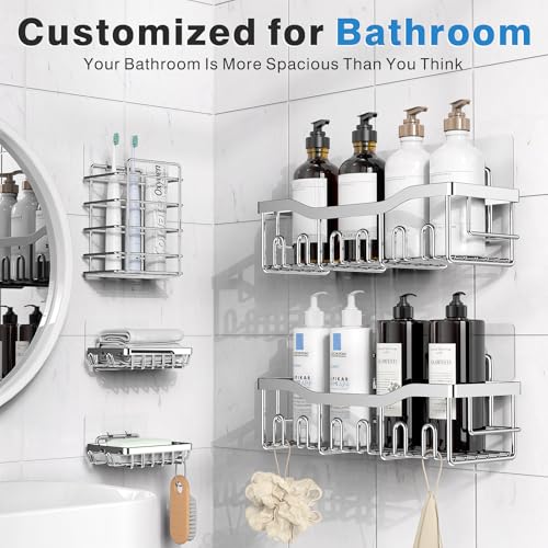 EUDELE 5-Pack Rustproof Stainless Steel Shower Caddy – No Drill Adhesive Bathroom Organizer with Large Capacity, Spacious Shower Shelves for Inside Shower, Kitchen & Home Decor Storage-XL Size - color: Silver