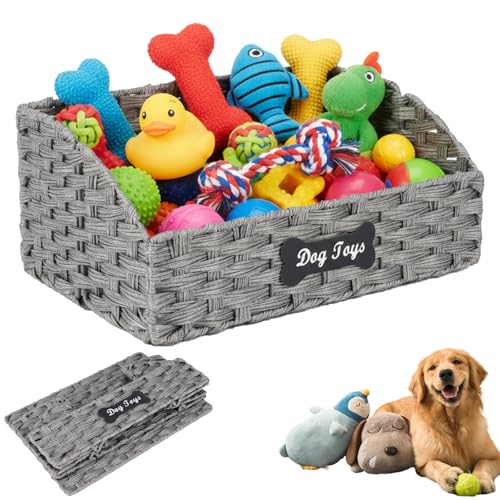 Dog Toy Basket Large Durable Metal Woven Foldable Storage Bin, Living Room Bedroom Entryway Toy Storage Organizer Rustic Trapezoid Pet Basket for Dogs Puppies and Home Floor Corners-Grey - color: Grey Imitation Banana Leaves