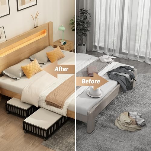 Bamboo Under Bed Storage Containers with Wheels, 2 Pack Under the Bed Shoe Storage Bins, Wood Rolling Underbed Drawers Organizer for Bedroom, Closet, Clothes Blanket Comforter and Under Crib Toy Black - color: Black, size: 2 PCS (23.62"×16.54")