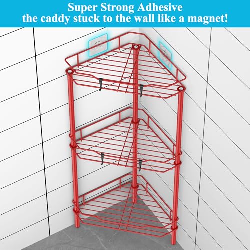 HuggieGems 3 Tier Floor Standing Corner Shower Caddy Organizer Shelf with Hooks, Bathroom Shelves Stand Rack, Red - color: Red, size: 3 Tier