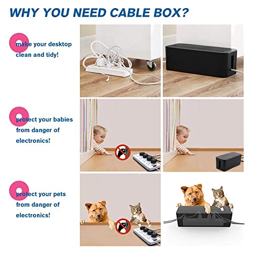 Cable Management Box Organizer, Pack of 2 Wire Concealer to Cover Hide Surge Protector & Power Strip on Desk Floor, with 5 Cord Fastening Tapes for Office, Home, Kitchen (Luxury Black) - color: Black